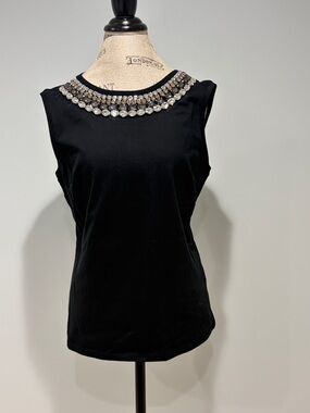 INC Embellished Jewel-Neck Black Sleeveless Top Sz M